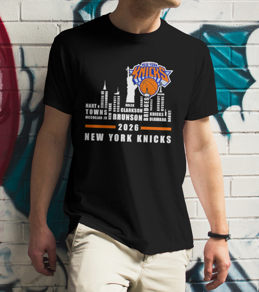 New York Knicks 2026 Team Roster Skyline Statue Of Liberty T-Shirt