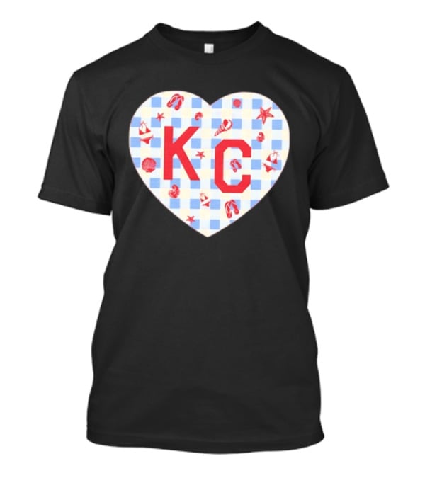 KC Heart Summertime Oatmeal Checkered Seashells And Starfish T-Shirt