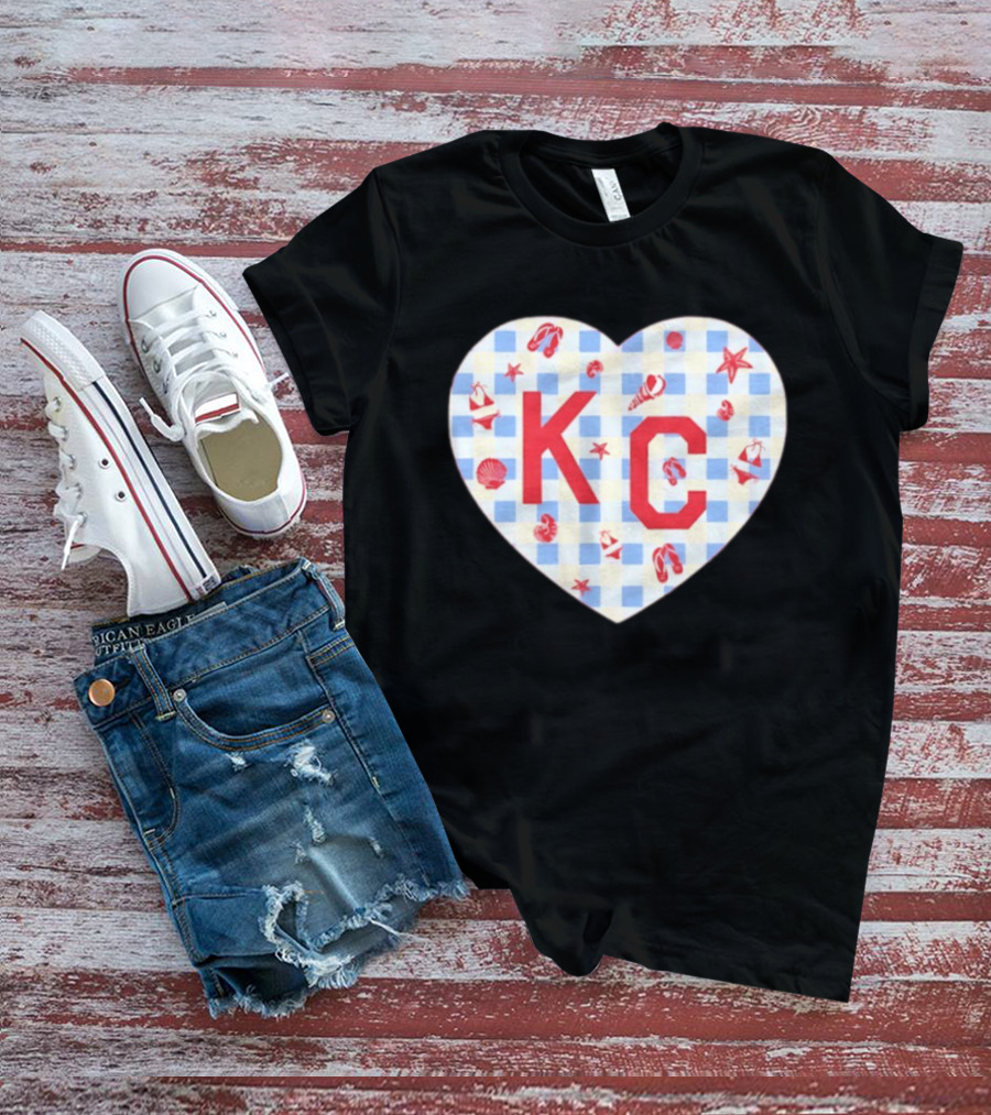 KC Heart Summertime Oatmeal Checkered Seashells And Starfish T-Shirt