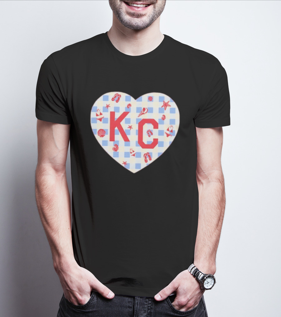 KC Heart Summertime Oatmeal Checkered Seashells And Starfish T-Shirt