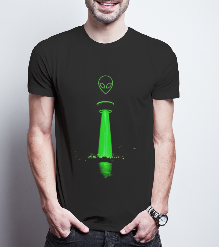 Victor Wamby Alien Spaceship Calgary Tower Abduction UFO Green Glow T-Shirt