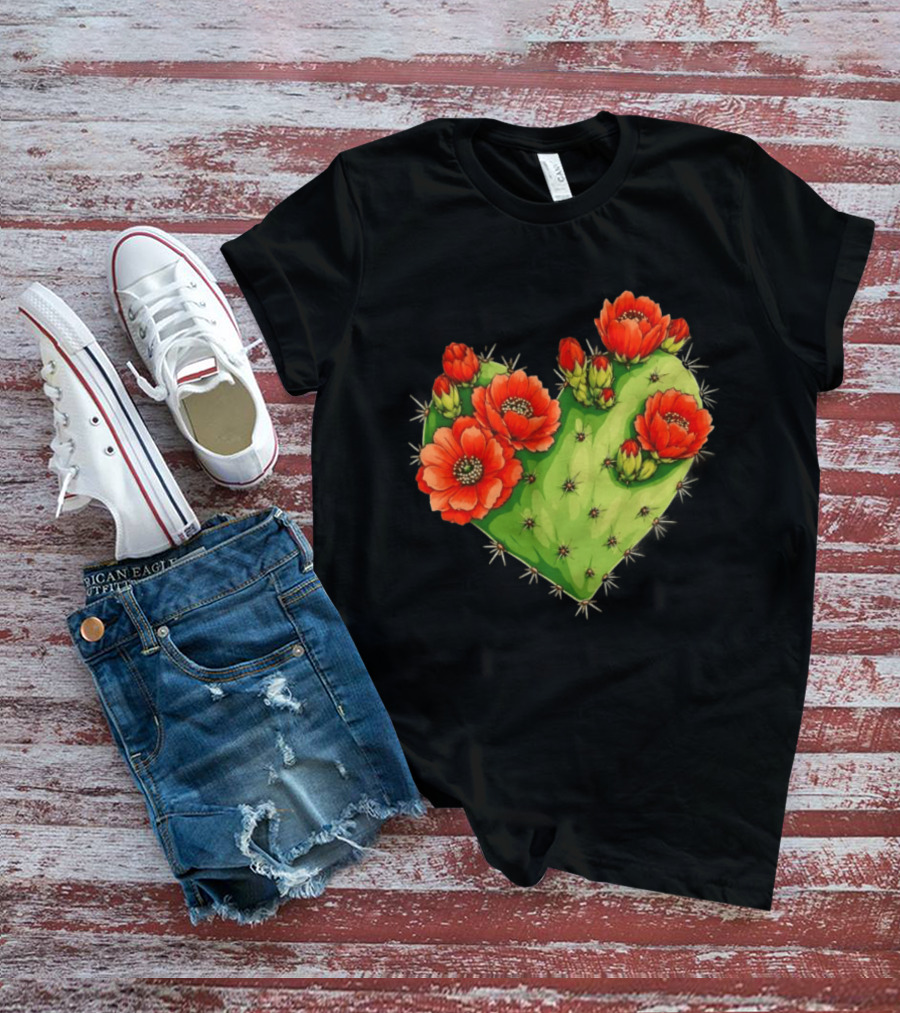 Heart Shaped Cactus With Vibrant Red Flowers T-Shirt