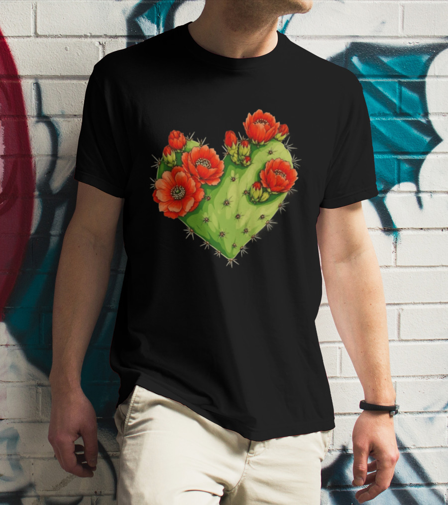 Heart Shaped Cactus With Vibrant Red Flowers T-Shirt