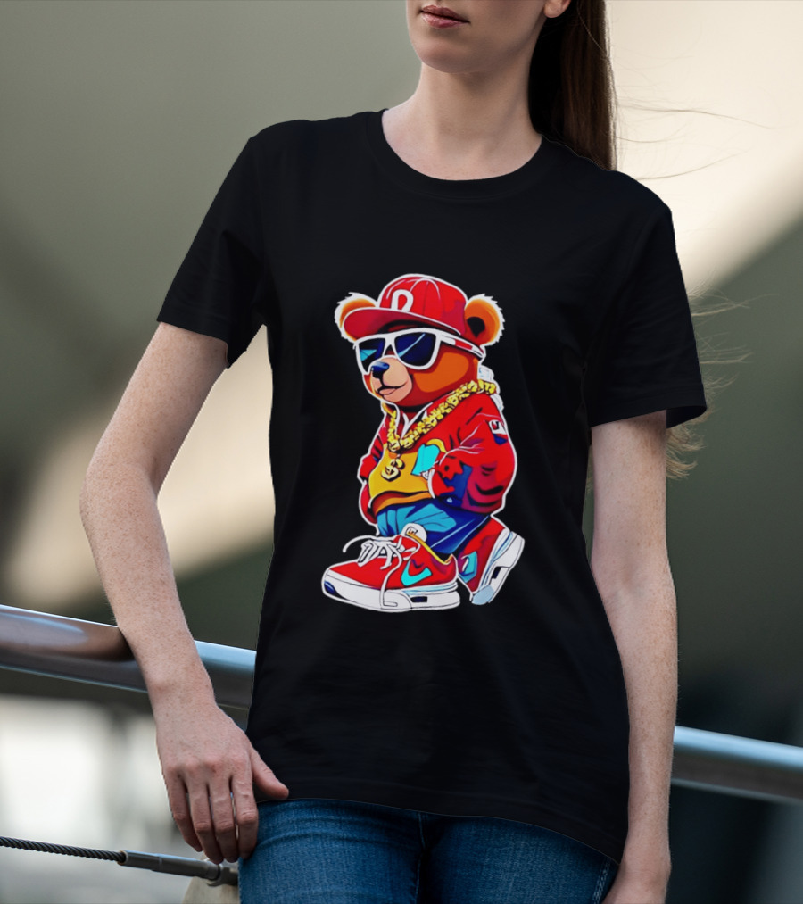 Hip Hop Teddy Bear Swag With Red Cap And Sunglasses T-Shirt