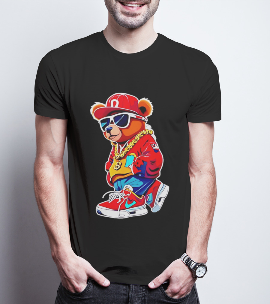 Hip Hop Teddy Bear Swag With Red Cap And Sunglasses T-Shirt