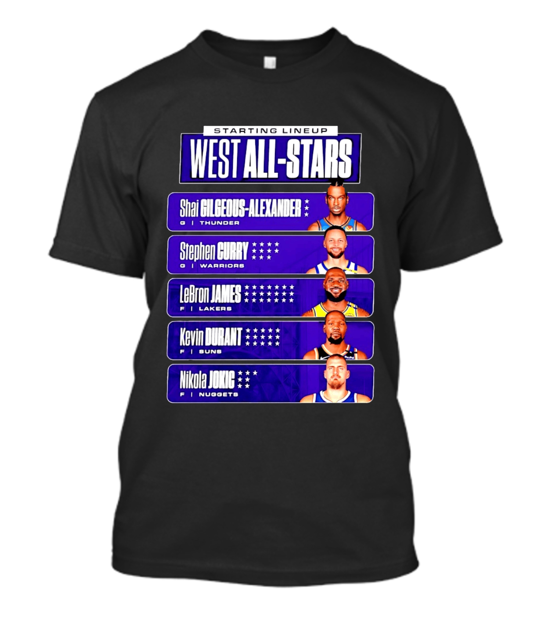 Starting Lineup West All Stars Shai Gilgeous Alexander Stephen Curry LeBron James Kevin Durant Nikola Jokic T-Shirt