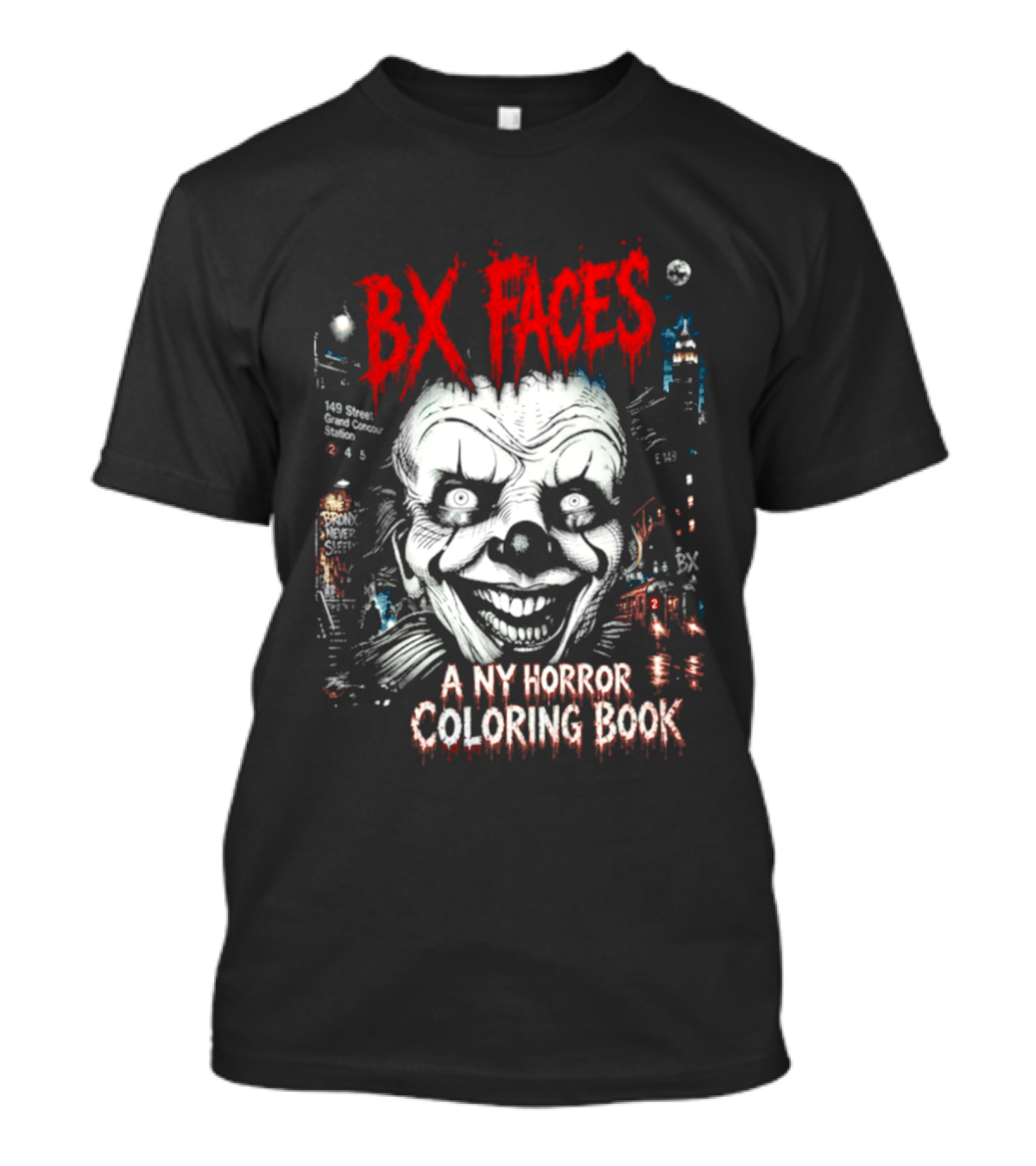 Bx Faces NY Horror Creepy Clown Coloring Book T-Shirt
