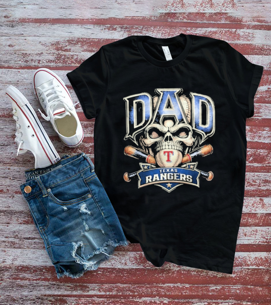 Dad Skull Baseball Crossed Bats Texas Rangers T-Shirt