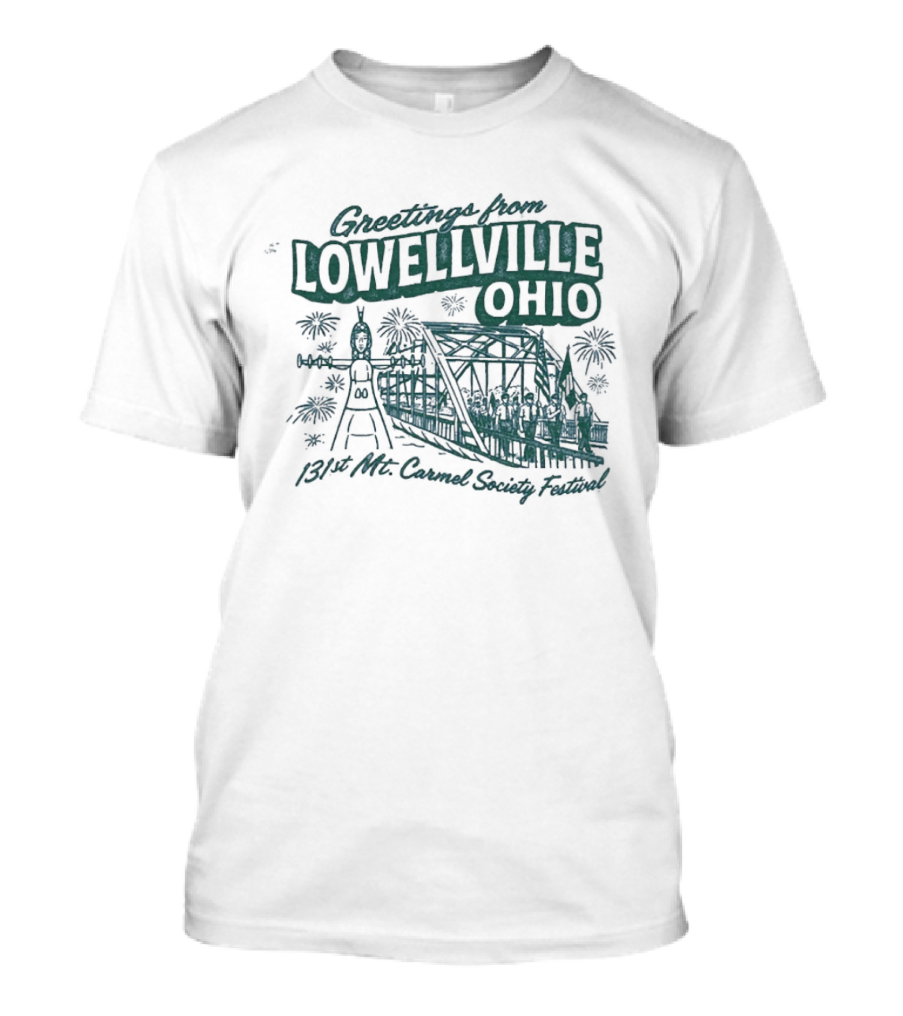 Greetings From Lowellville Ohio 131st Mt Carmel Society Festival Bridge And Bell T-Shirt