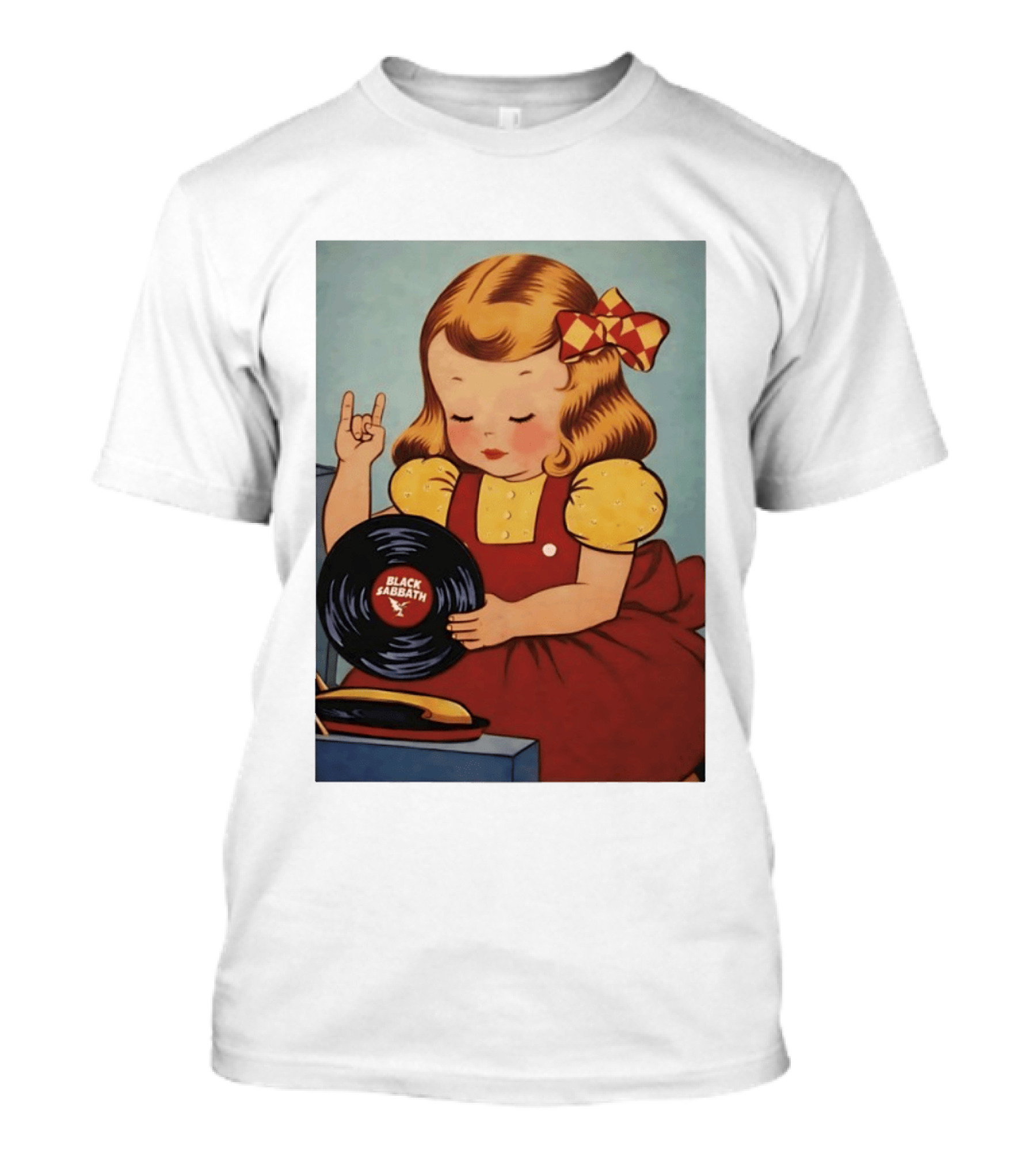 Girl Holding Black Sabbath Vinyl Heavy Metal T-Shirt