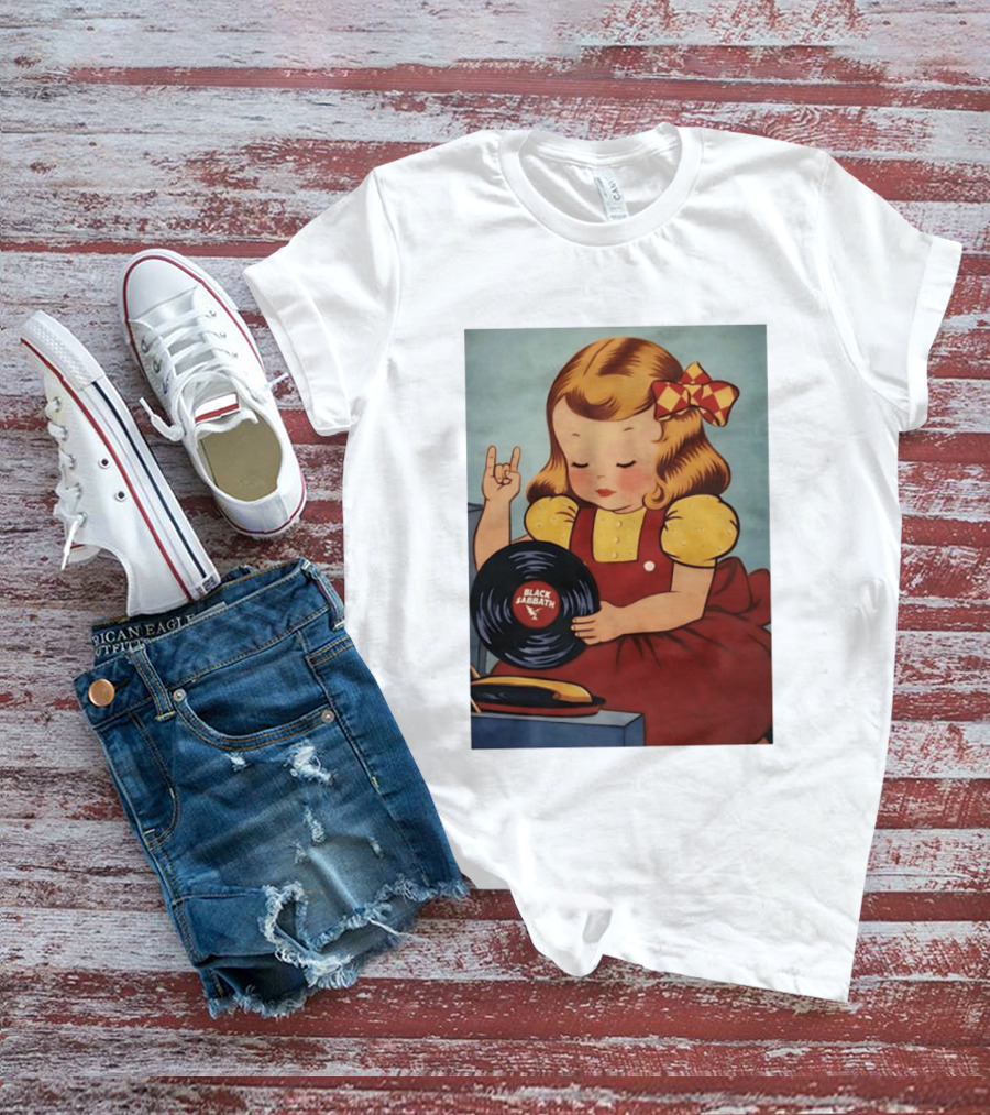 Girl Holding Black Sabbath Vinyl Heavy Metal T-Shirt
