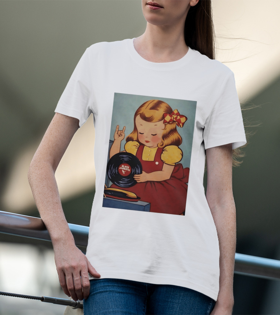Girl Holding Black Sabbath Vinyl Heavy Metal T-Shirt