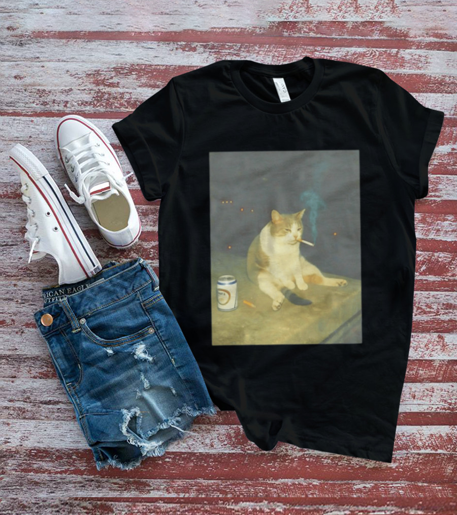 Depressed Cat Smoking Cigarette Meme With Beer Can T-Shirt