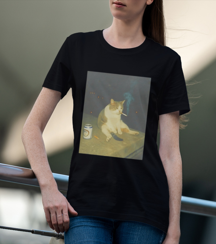 Depressed Cat Smoking Cigarette Meme With Beer Can T-Shirt