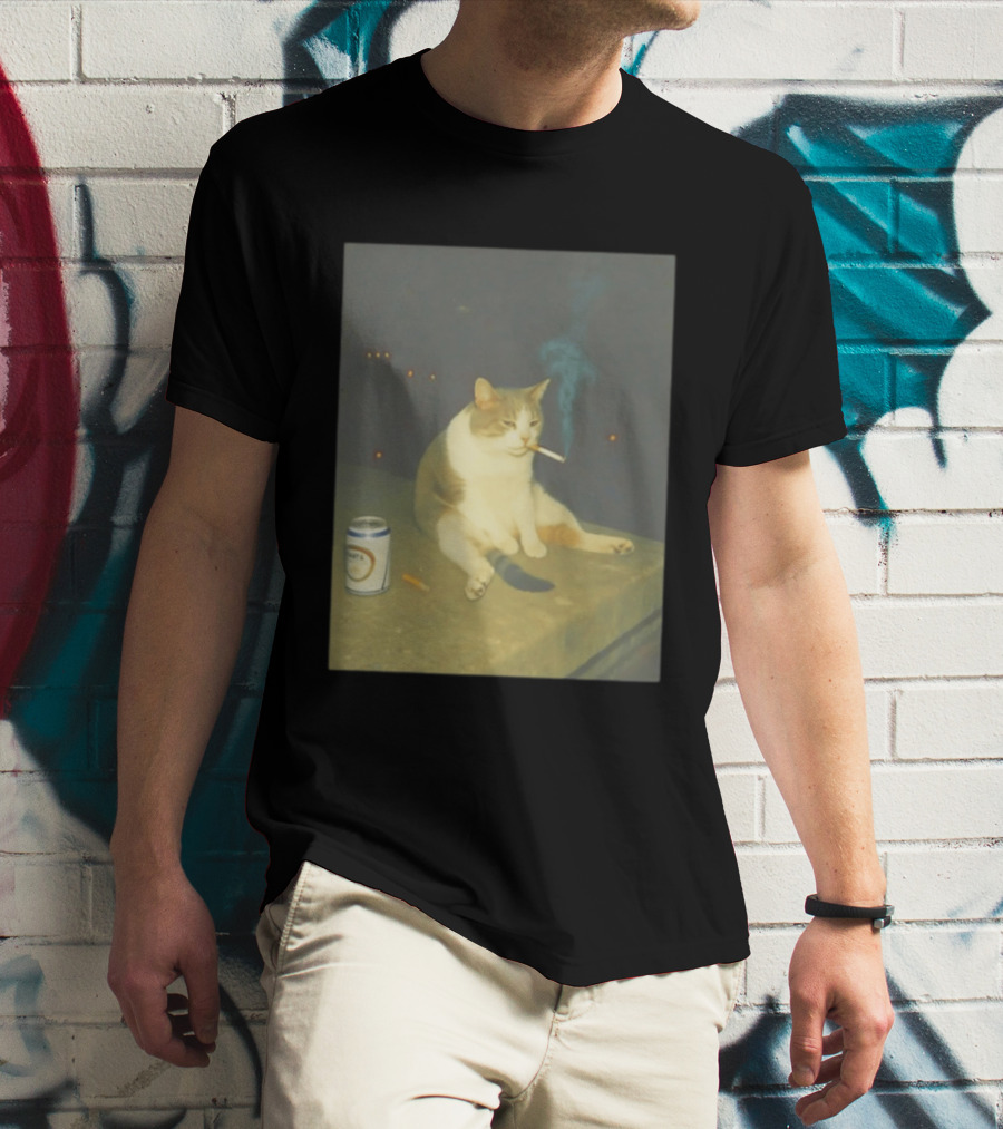 Depressed Cat Smoking Cigarette Meme With Beer Can T-Shirt