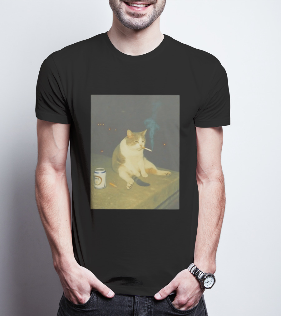 Depressed Cat Smoking Cigarette Meme With Beer Can T-Shirt