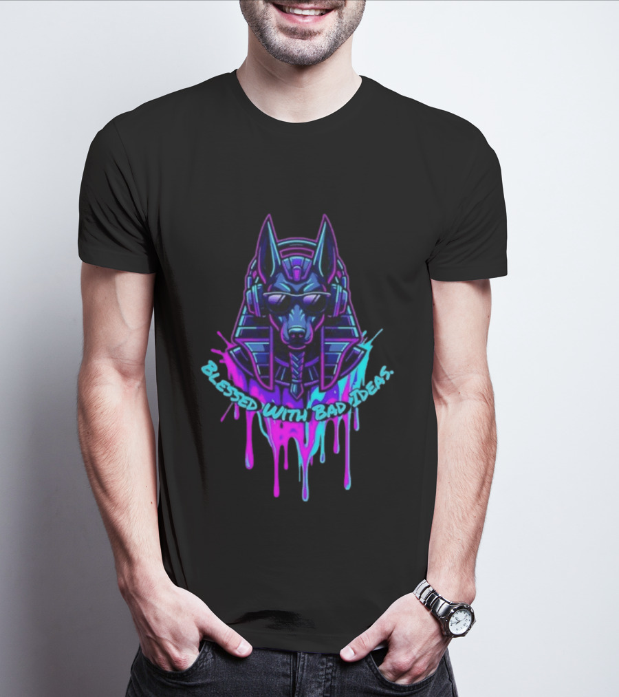 Blessed With Bad Ideas Anubis Headphones Neon Egyptian Mythology T-Shirt