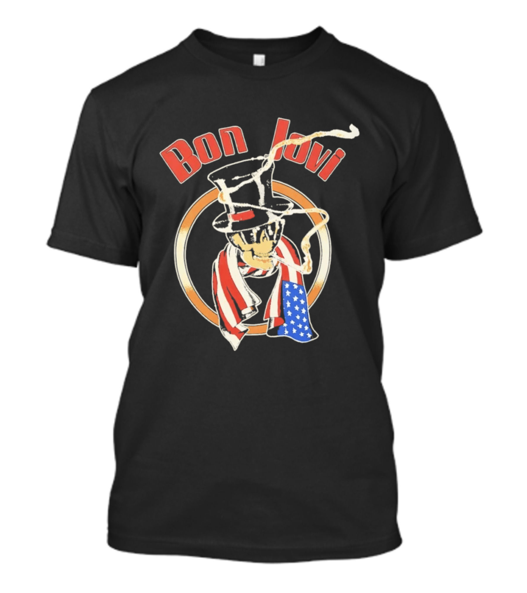 Bon Jovi American Skull With Patriotic Top Hat And Flag Scarf T-Shirt
