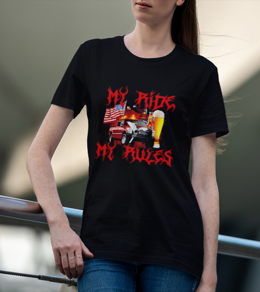 My Ride My Rules American Flag Truck And Beer T-Shirt