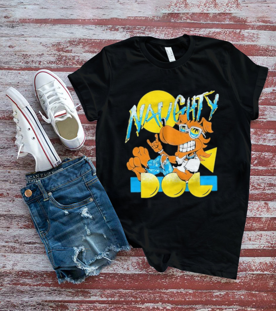 Naughty Dog Retro Cartoon Character With Sunglasses And Sunburst T-Shirt