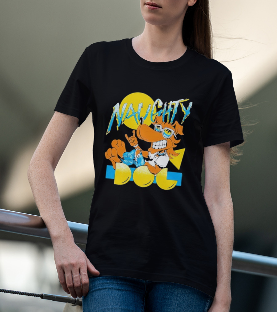 Naughty Dog Retro Cartoon Character With Sunglasses And Sunburst T-Shirt