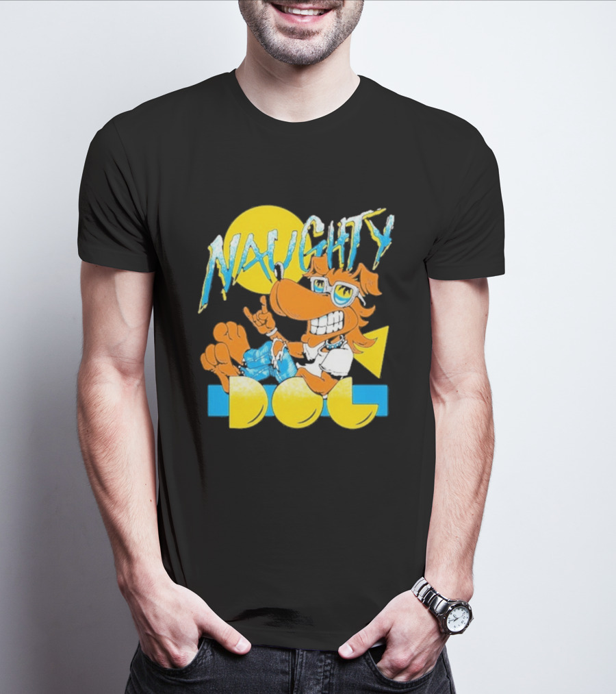 Naughty Dog Retro Cartoon Character With Sunglasses And Sunburst T-Shirt