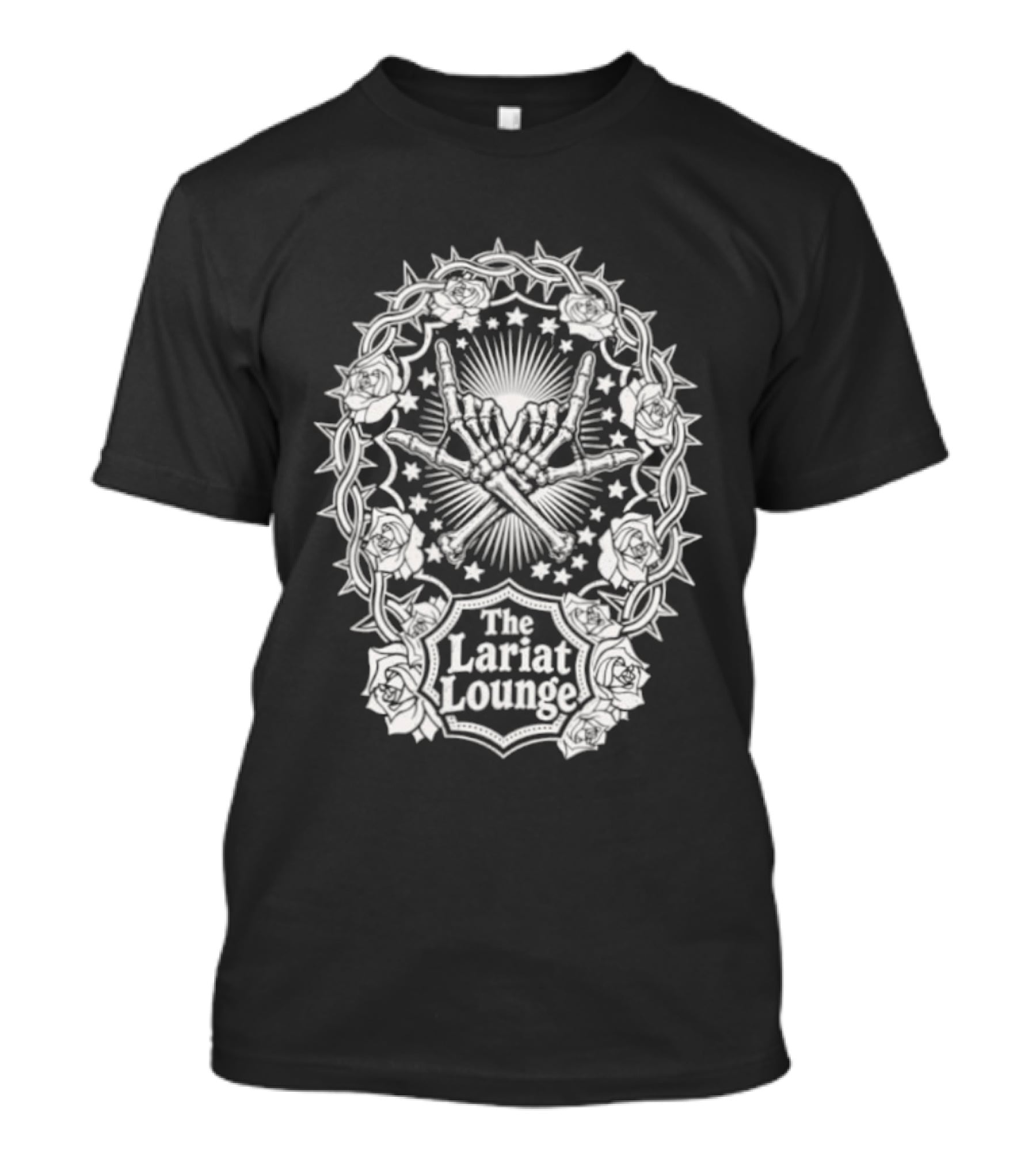 The Lariat Lounge Skeleton Hands Roses Thorns And Stars T-Shirt