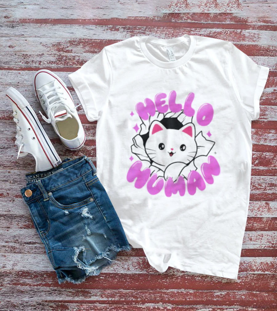 Hello Human Kawaii Cat Kitten Cute Pink T-Shirt