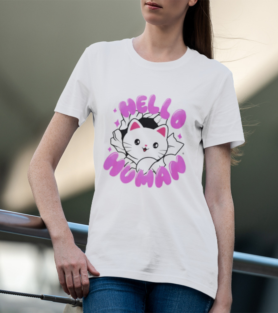 Hello Human Kawaii Cat Kitten Cute Pink T-Shirt