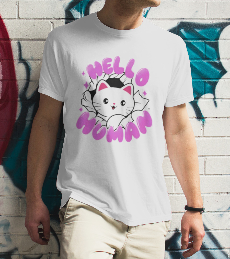 Hello Human Kawaii Cat Kitten Cute Pink T-Shirt