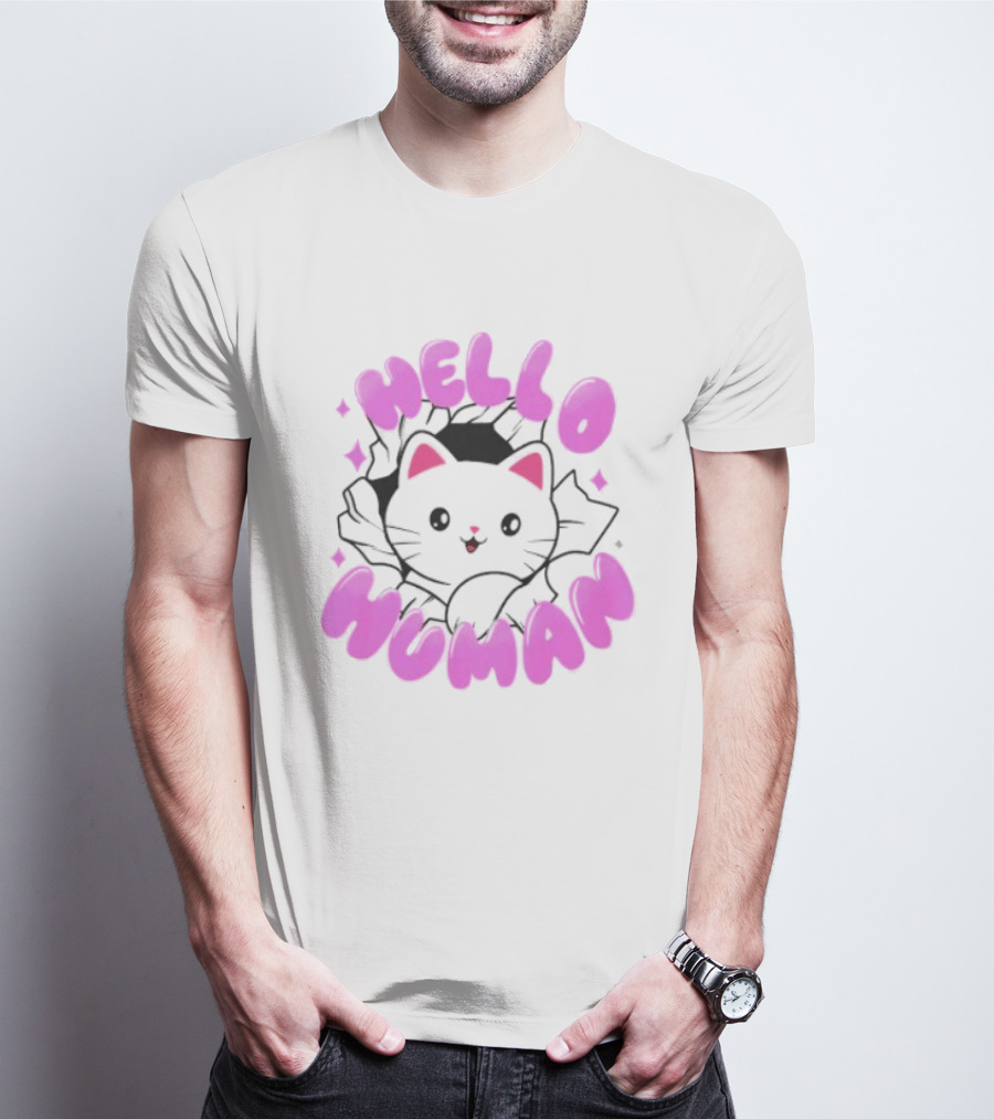 Hello Human Kawaii Cat Kitten Cute Pink T-Shirt