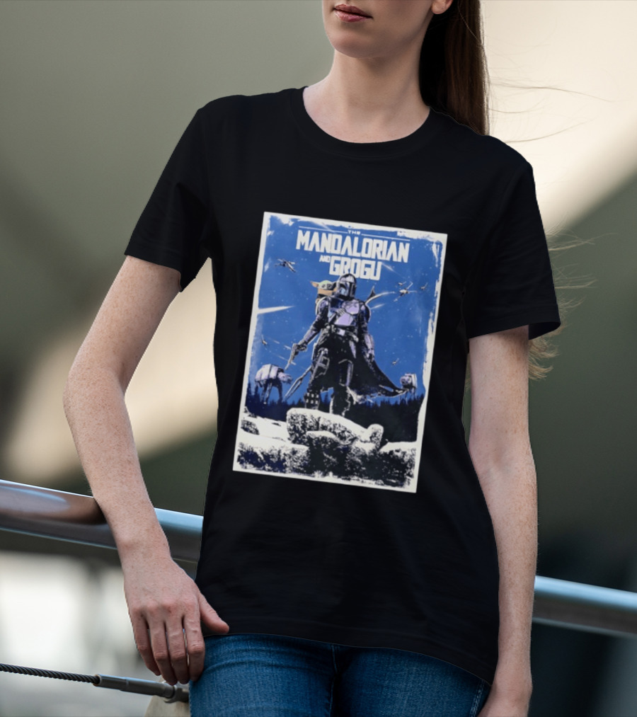 The Mandalorian And Grogu Star Wars Baby Yoda Scene With AT AT And X Wings T-Shirt