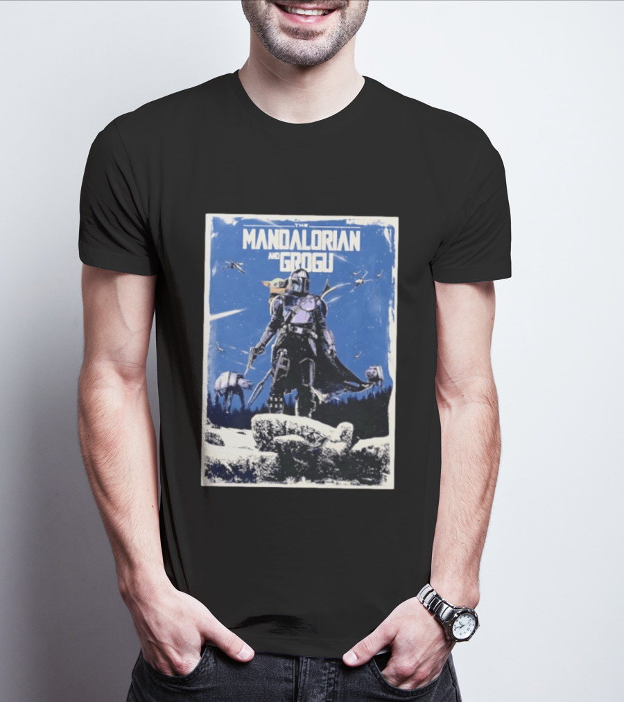The Mandalorian And Grogu Star Wars Baby Yoda Scene With AT AT And X Wings T-Shirt