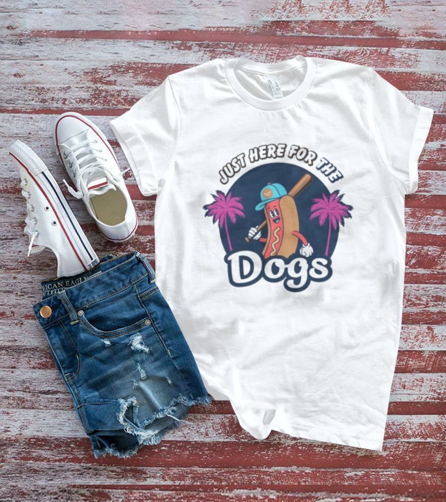 Just Here For The Dogs Cartoon Hot Dog Baseball Palm Trees T-Shirt