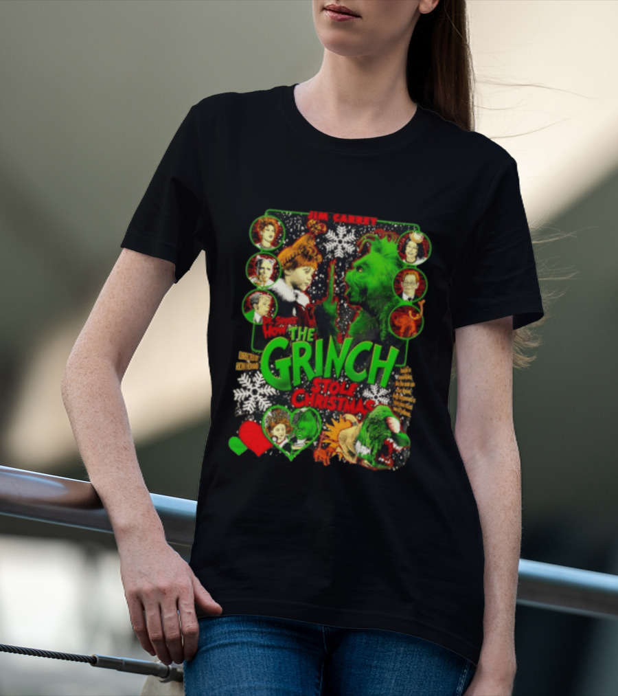 Jim Carrey Dr Seuss How The Grinch Stole Christmas Movie With Characters And Snowflakes T-Shirt
