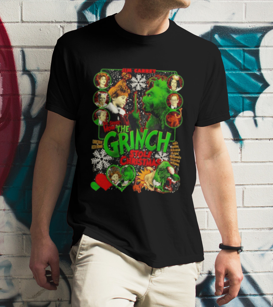 Jim Carrey Dr Seuss How The Grinch Stole Christmas Movie With Characters And Snowflakes T-Shirt