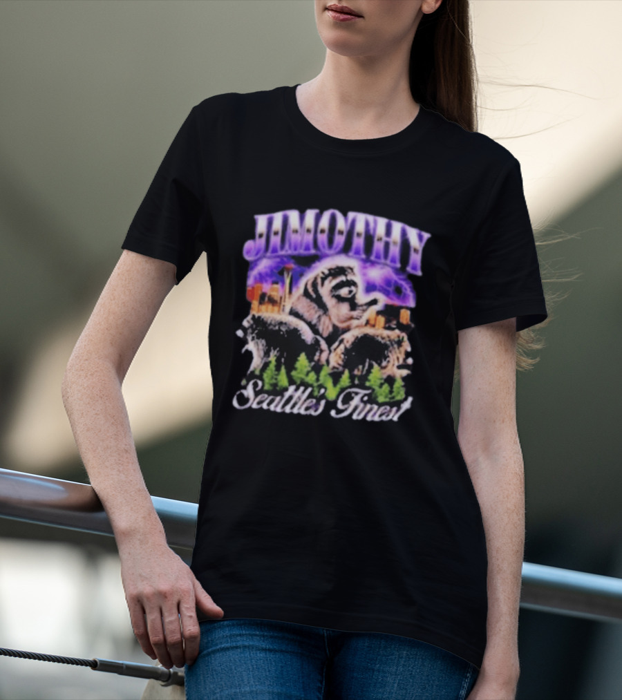 Jimothy Raccoon Seattle Skyline Adventure Forest Scene T-Shirt