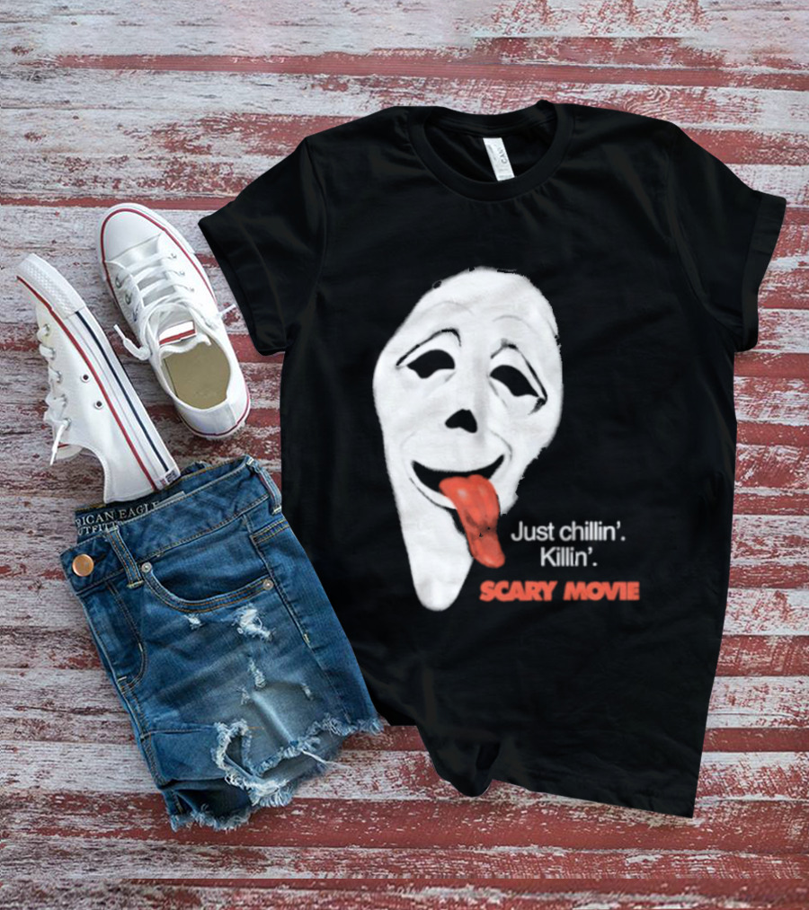 Just Chillin' Killin' Scary Movie Ghostface Mask With Red Tongue T-Shirt