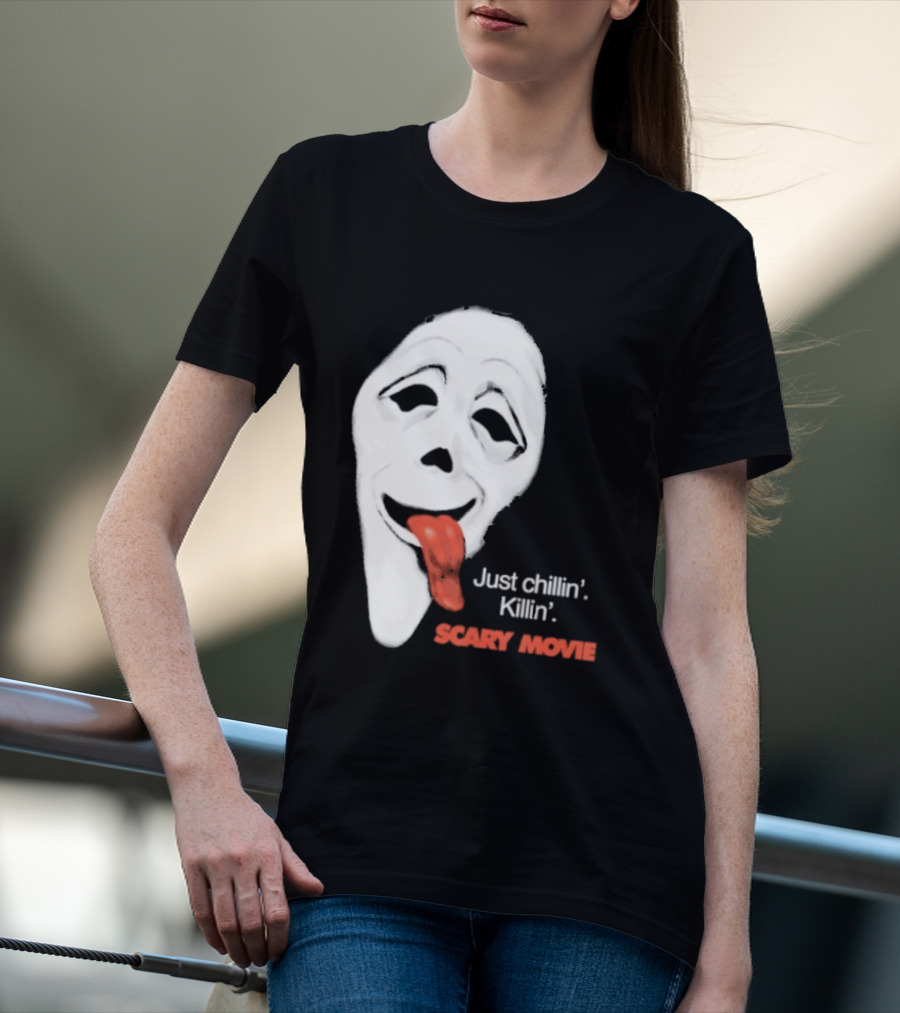 Just Chillin' Killin' Scary Movie Ghostface Mask With Red Tongue T-Shirt