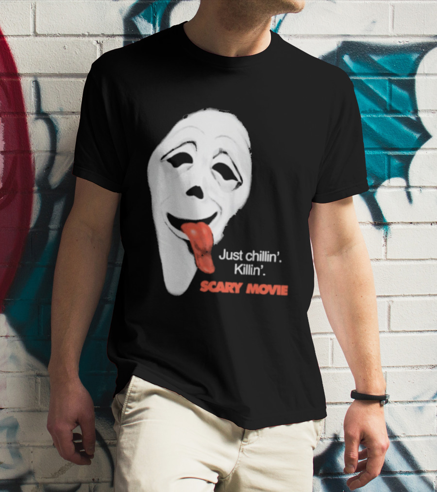 Just Chillin' Killin' Scary Movie Ghostface Mask With Red Tongue T-Shirt