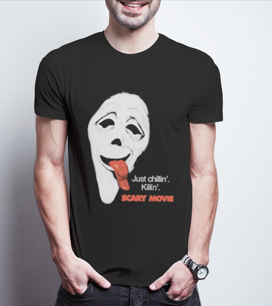 Just Chillin' Killin' Scary Movie Ghostface Mask With Red Tongue T-Shirt