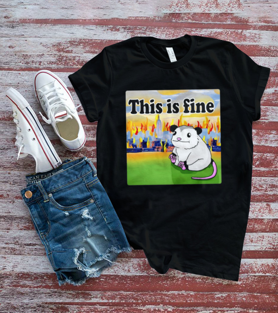 This Is Fine Opossum New York City NYC Urban Skyline Flames T-Shirt