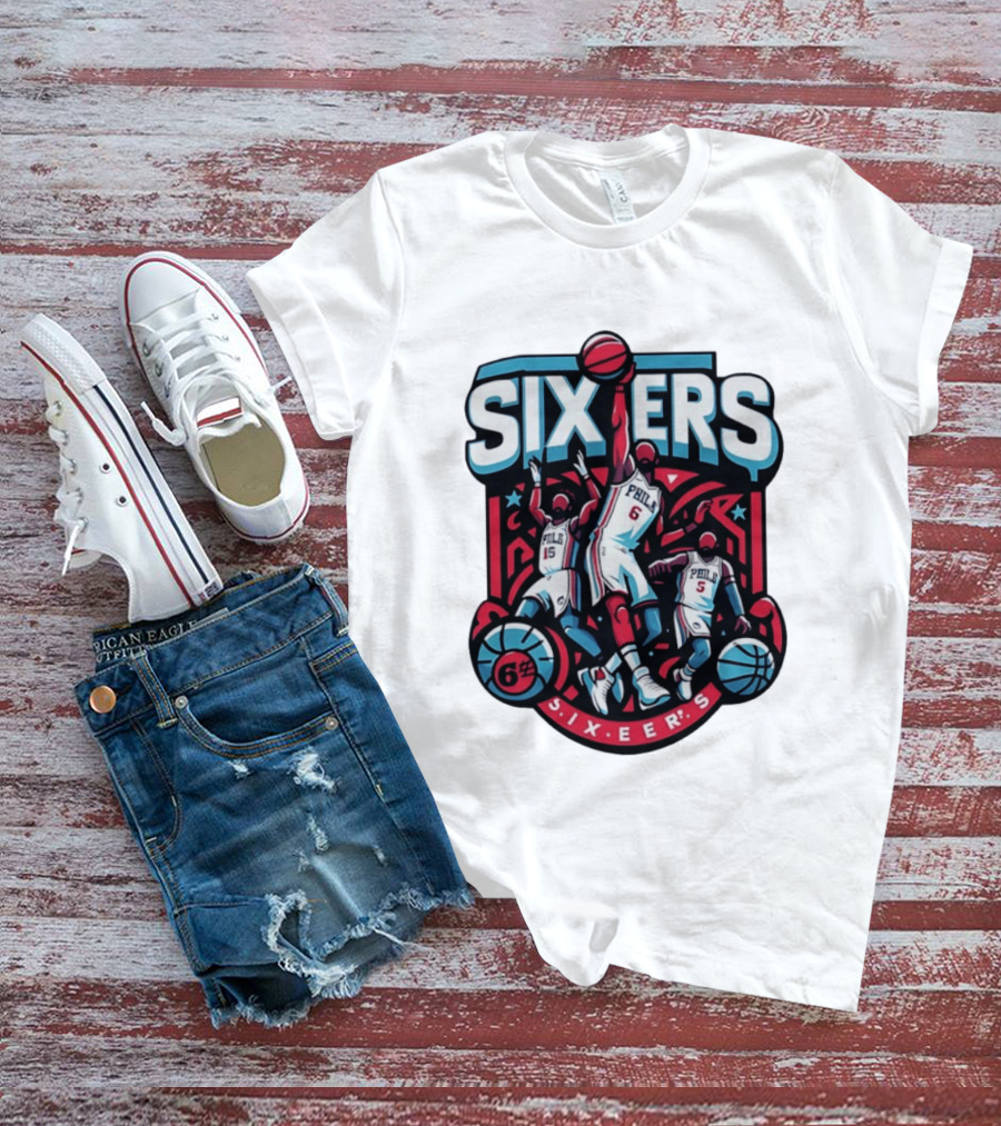 Philadelphia Sixers 2026 NBA Collage Featuring Number 6 Phila Basketball Player T-Shirt