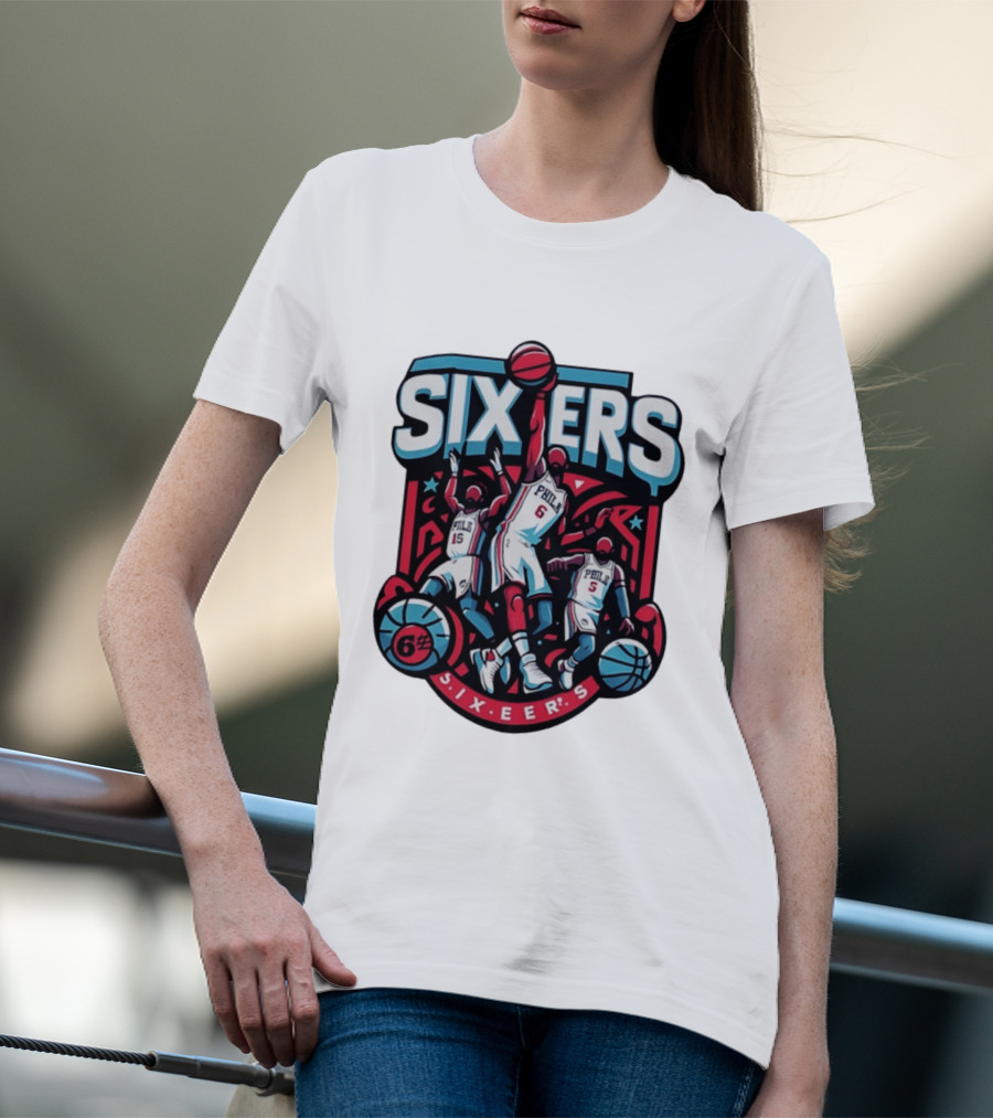 Philadelphia Sixers 2026 NBA Collage Featuring Number 6 Phila Basketball Player T-Shirt