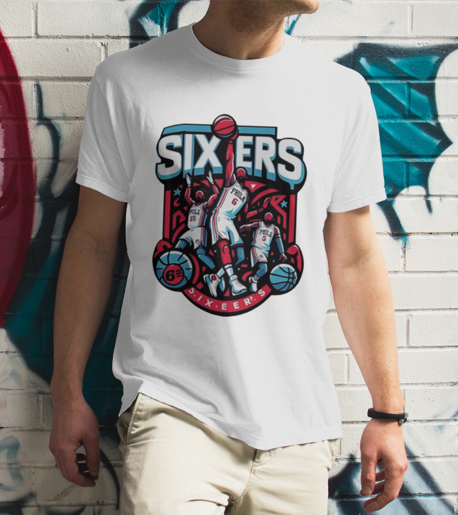 Philadelphia Sixers 2026 NBA Collage Featuring Number 6 Phila Basketball Player T-Shirt