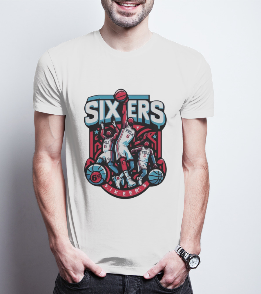 Philadelphia Sixers 2026 NBA Collage Featuring Number 6 Phila Basketball Player T-Shirt