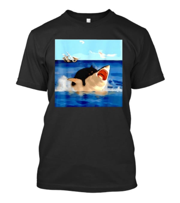 Black Cat Riding Great White Shark With Ocean And Sailing Ship T-Shirt