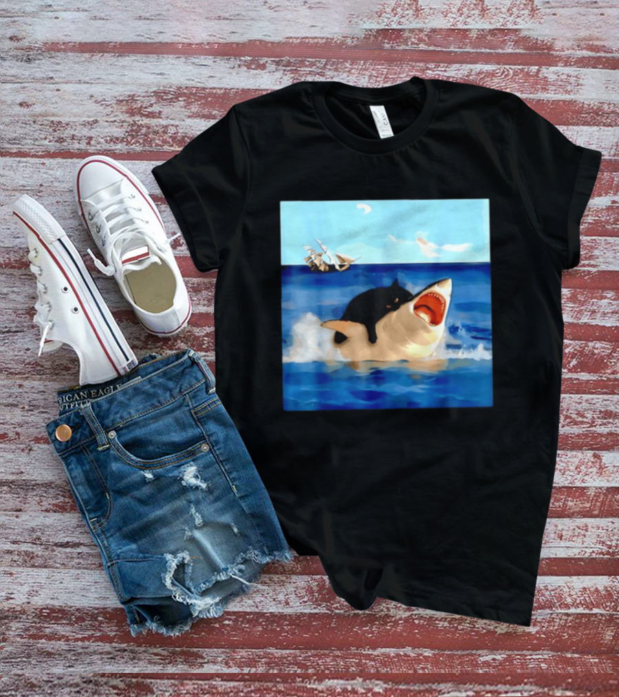 Black Cat Riding Great White Shark With Ocean And Sailing Ship T-Shirt