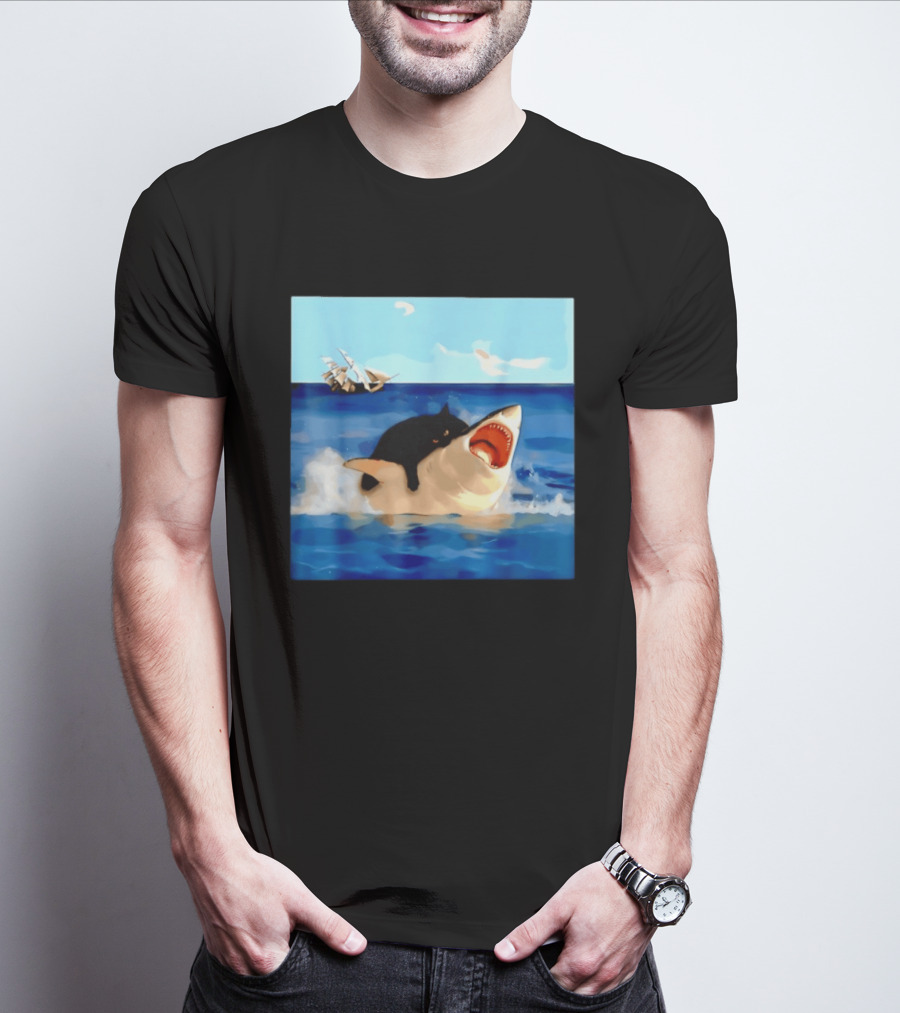 Black Cat Riding Great White Shark With Ocean And Sailing Ship T-Shirt