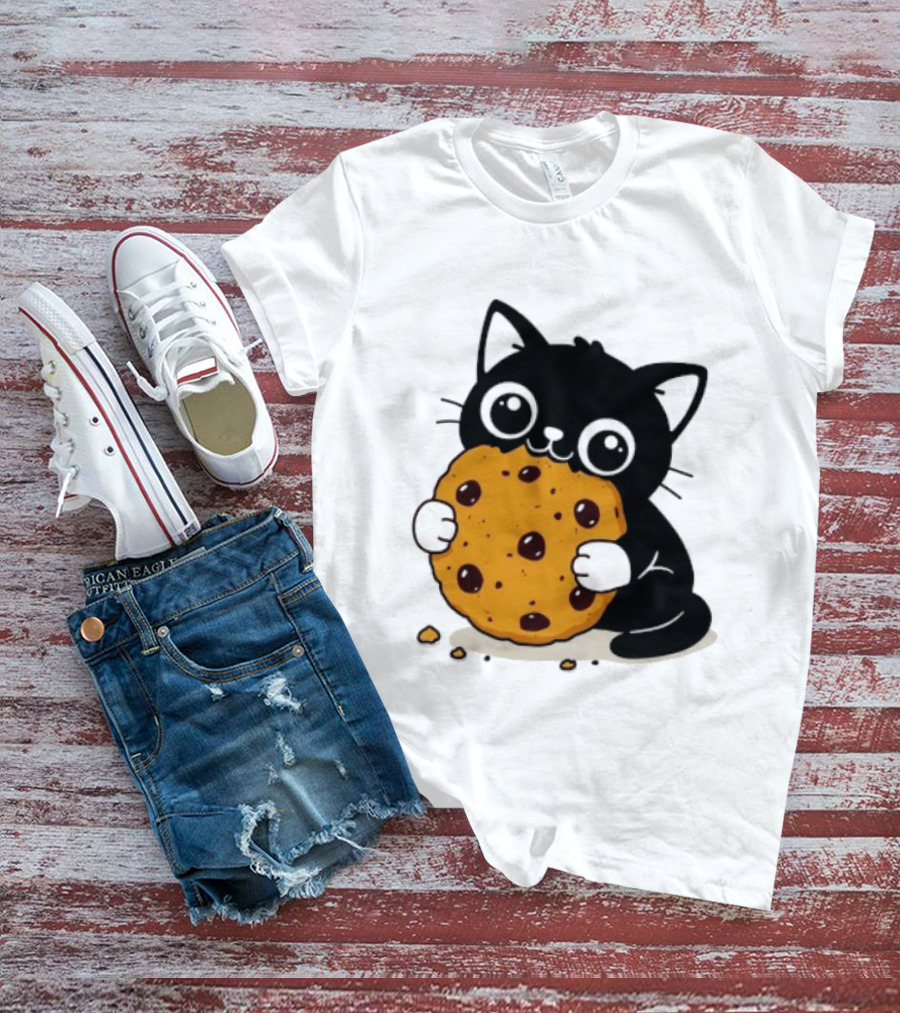 Black Cat Holding Chocolate Chip Cookie T-Shirt
